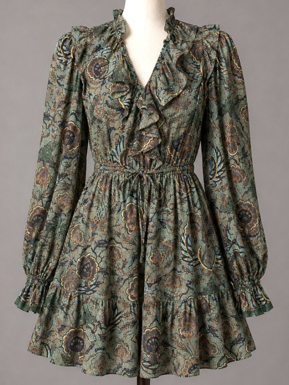 Ulla Johnson Dress 2 Green Floral Long Sleeve Ruffle Mini Boho Fit Flare Caris